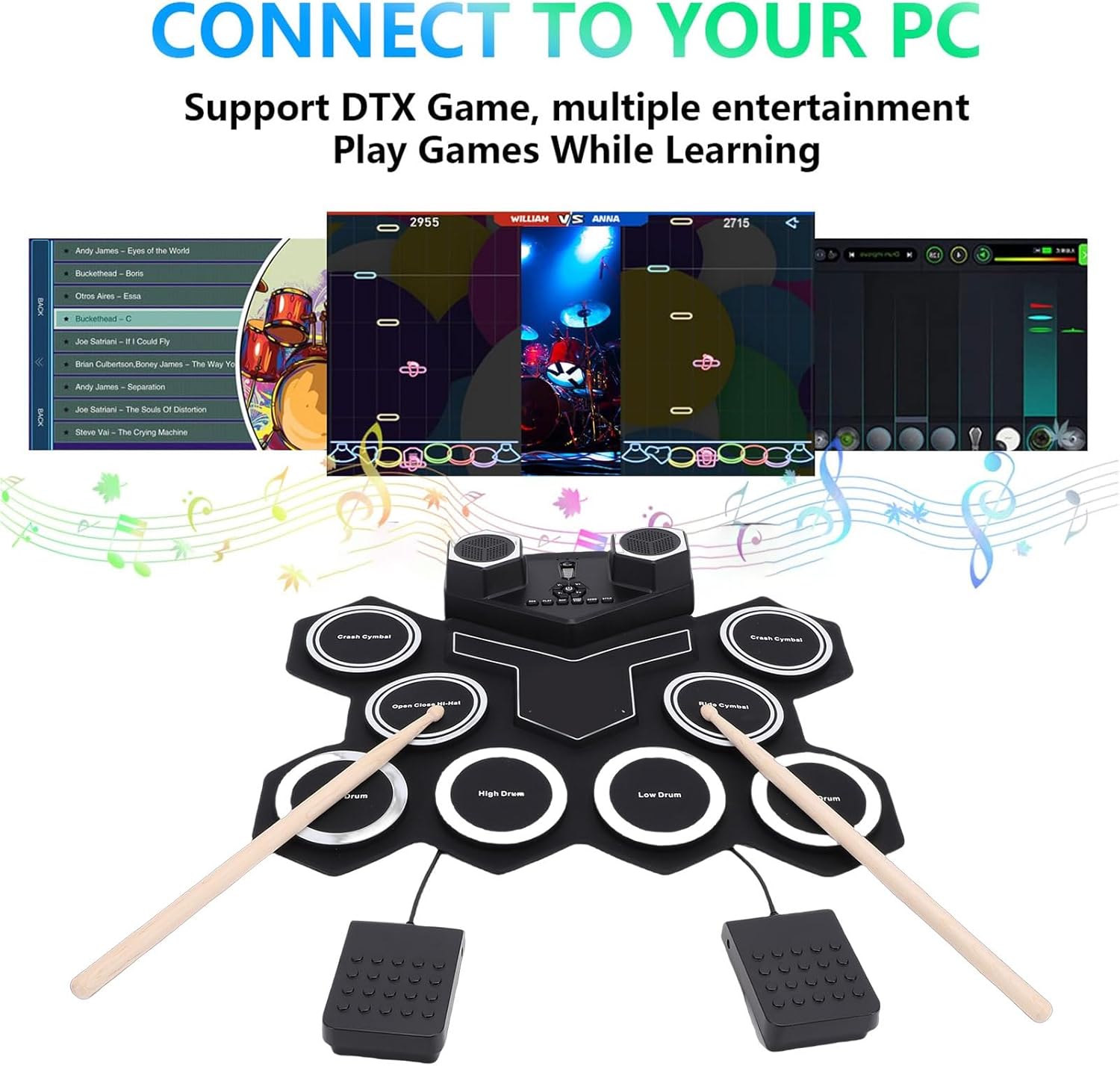 Jiawu Electronic Drum Set, 8 Drum Practice Pads, Electric Roll Up Drums Pad Built in Speaker, Portable Druming Machine with Pedals and Sticks, Rechargeable Instrument for Beginner