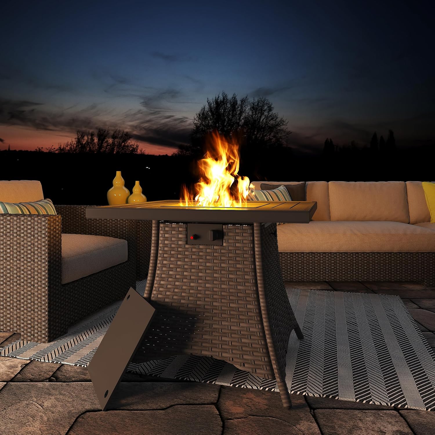 32” Fire Pit Table, 50,000 BTU Outdoor Wicker Patio Propane Firepit, 2 in 1 Propane Fire Pit for Patio, Deck, Backyard