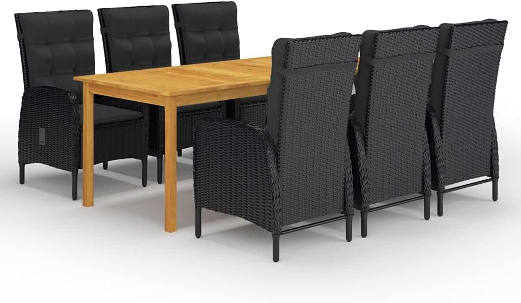 7 Piece Patio Dining Set Black,Premium Patio Dining Set: Durable Acacia Wood Table with Ergonomic Rattan Chairs and Cushions for Outdoor Gatherings Furniture Sets for Patio, Lawn & Garden