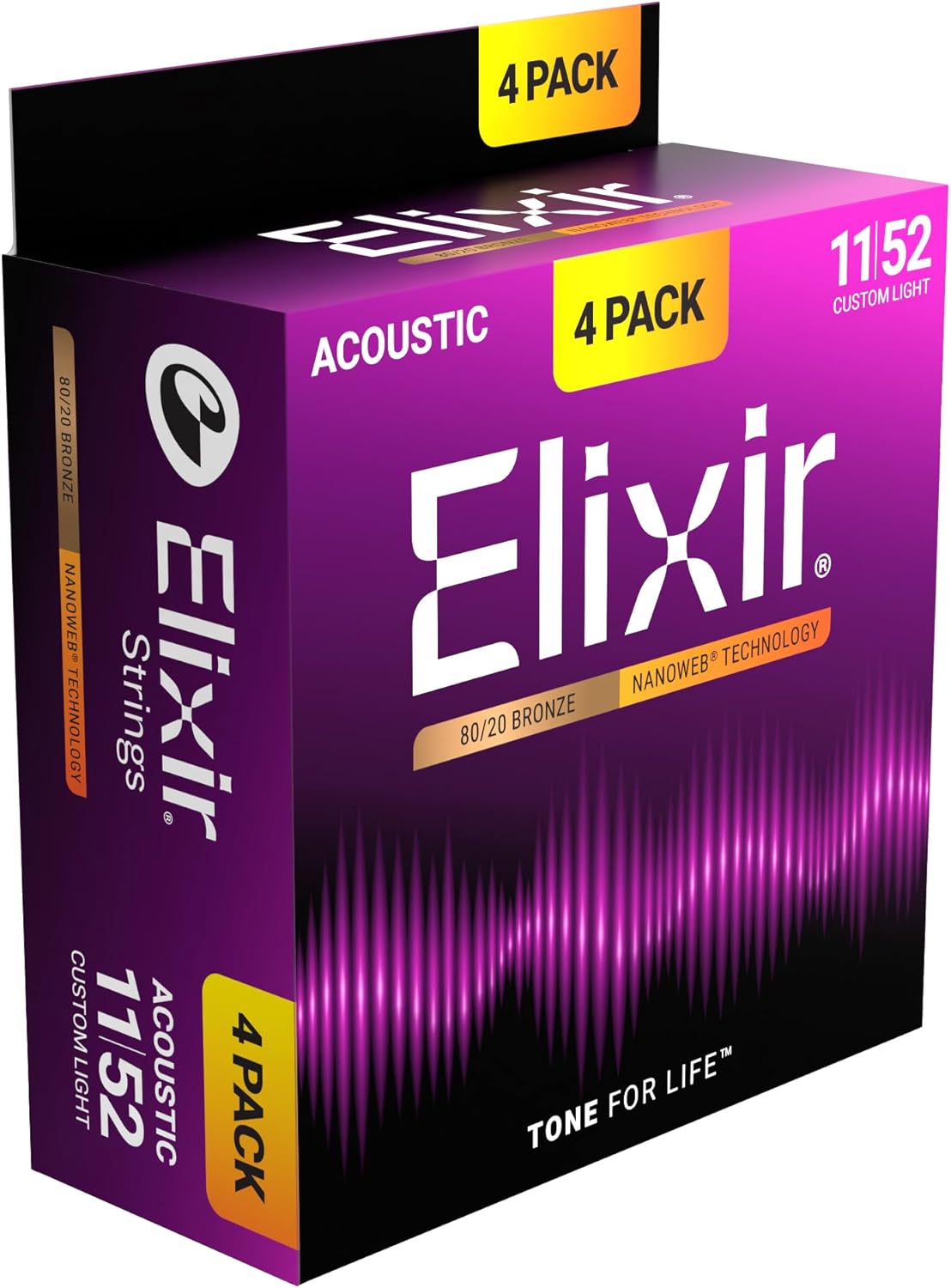 Elixir Strings, Acoustic Guitar Strings, 80/20 Bronze with NANOWEB Technology, Longest-Lasting Bright and Focused Tone with Comfortable Feel, 4 Pack, Custom Light 11-52