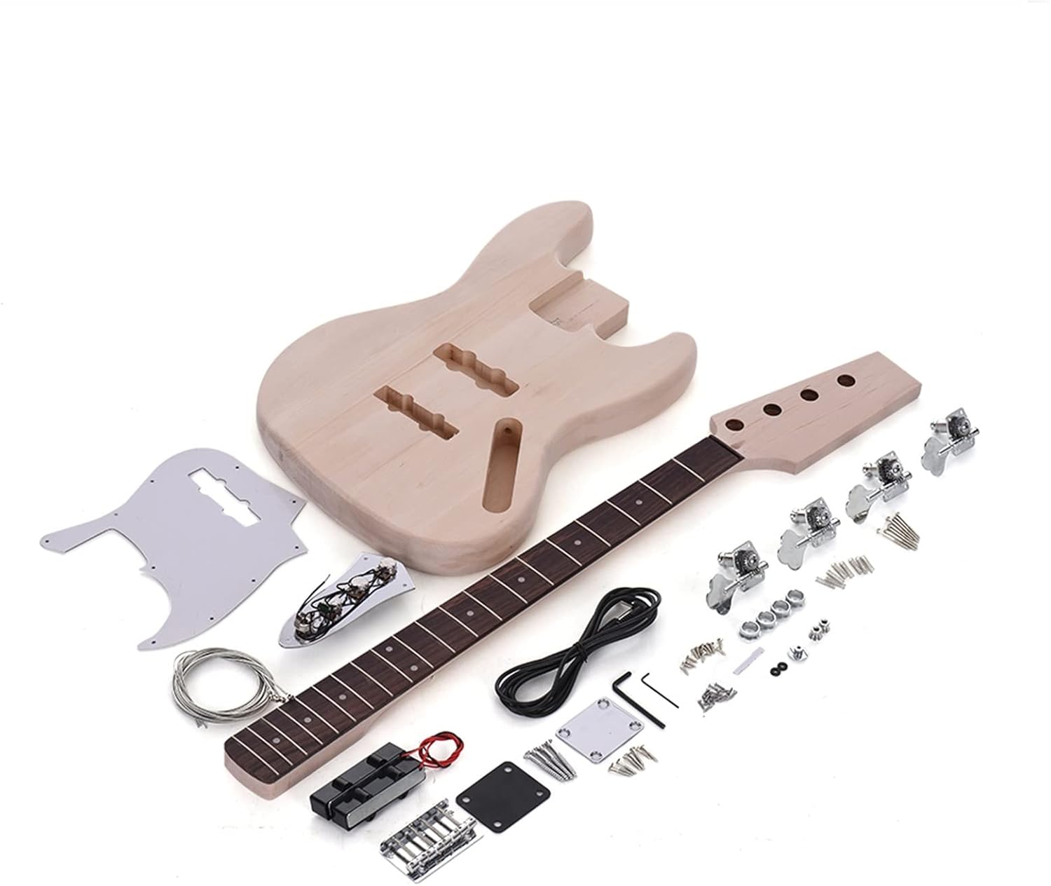 Bass Style 4-String Electric Bass DIY Kit Solid Basswood Body Maple Neck Rosewood Fingerboard DIY Kit Set Unfinished Guitar Body