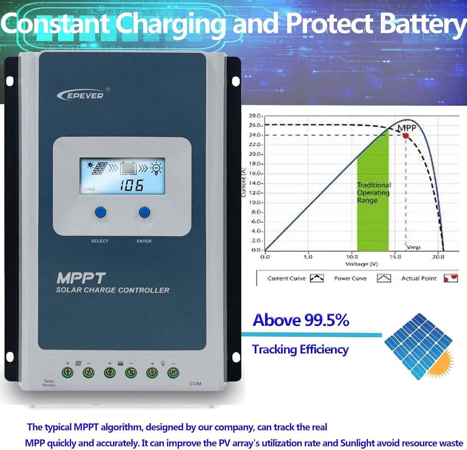 EPEVER 40A 12/24/ Auto Identify MPPT Solar Charge Controller with Remote Control of LCD Display Adjustable Parameters and Temperature Sensor Support Lithium (Tracer 4210AN MT50 Sensor)