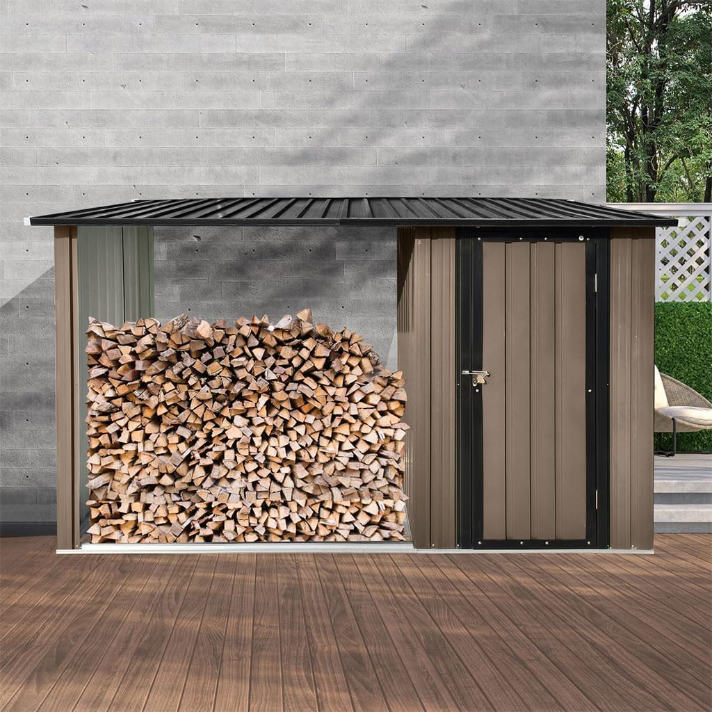 2-in-1 Outdoor Garden Storage Shed with Firewood Rack, Metal Tool Shed with Sloped Roof, Heavy Duty Galvanized Steel Backyard Storage House for Tools Equipment Firewood, Brown