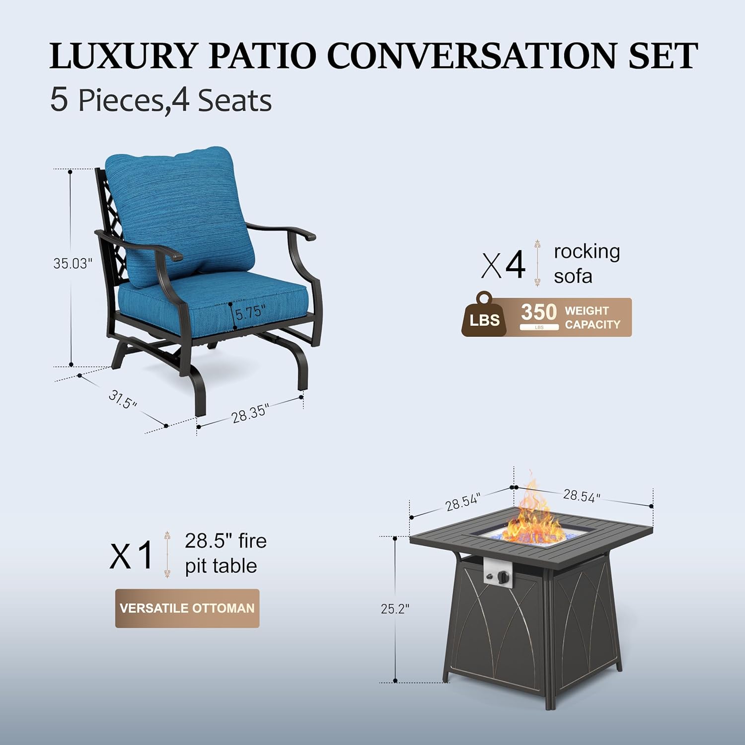 HERA'S HOUSE 5 Pieces Patio Furniture Set with Fire Pit Table, 4 x Thick Cushioned Rocking Chairs, 1 x 28 Fire Pit Table (50,000 BTU), Outdoor Conversation Set for Garden Backyard Lawn, Pacific Blue
