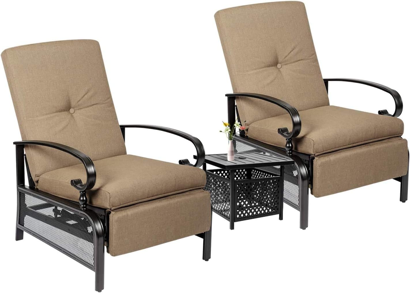 Skiway Outdoor Patio Recliner with Hand-Woven Wicker,Rust-Resistant Frames and Small Side Table Set of 3(Brown),2 seats