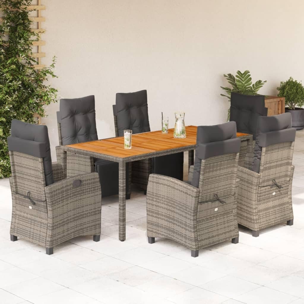 7 Piece Patio Dining Set with Cushions Gray Poly Rattan,Adjustable and Comfortable Patio Dining Set with Rattan Chairs and Acacia Wood Table Patio Furniture Sets, Outdoor Furniture Sets