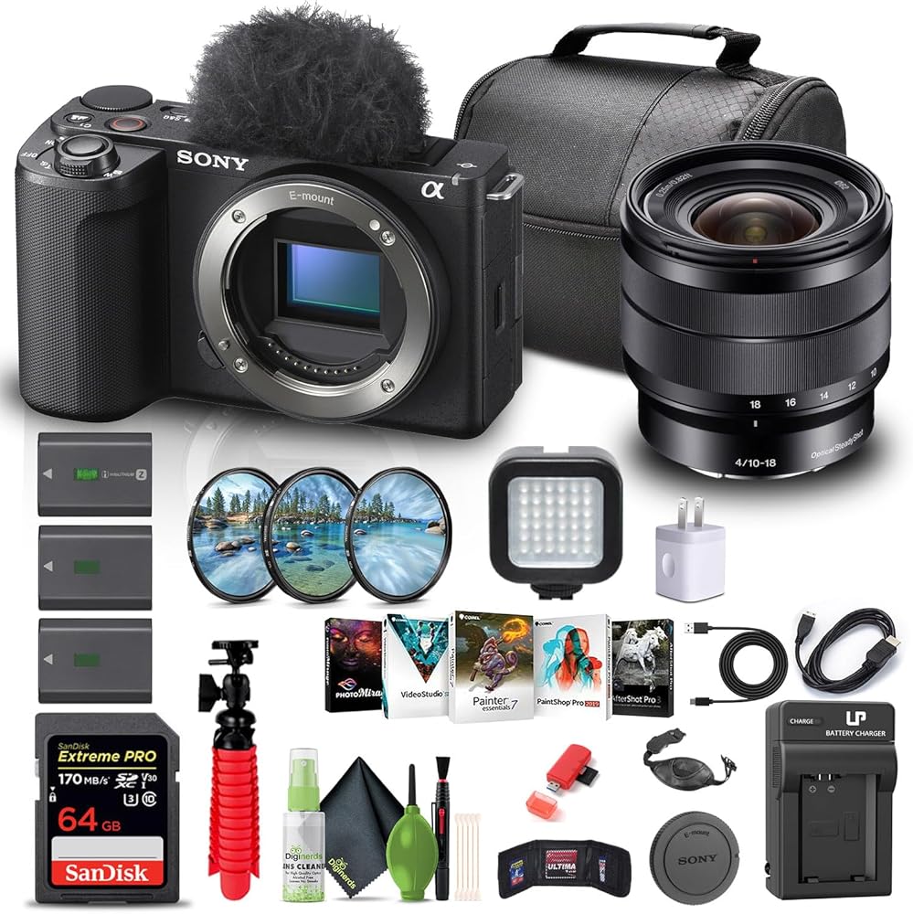 Sony Alpha ZV-E10 II Mirrorless Camera (Body Only, Black) (ZVE10M2KB) + Sony E 10-18mm Lens + 64GB Memory Card + Filter Kit + Photo Software + Bag + 2 x NP-FZ100 Battery + Charger + More (Renewed)