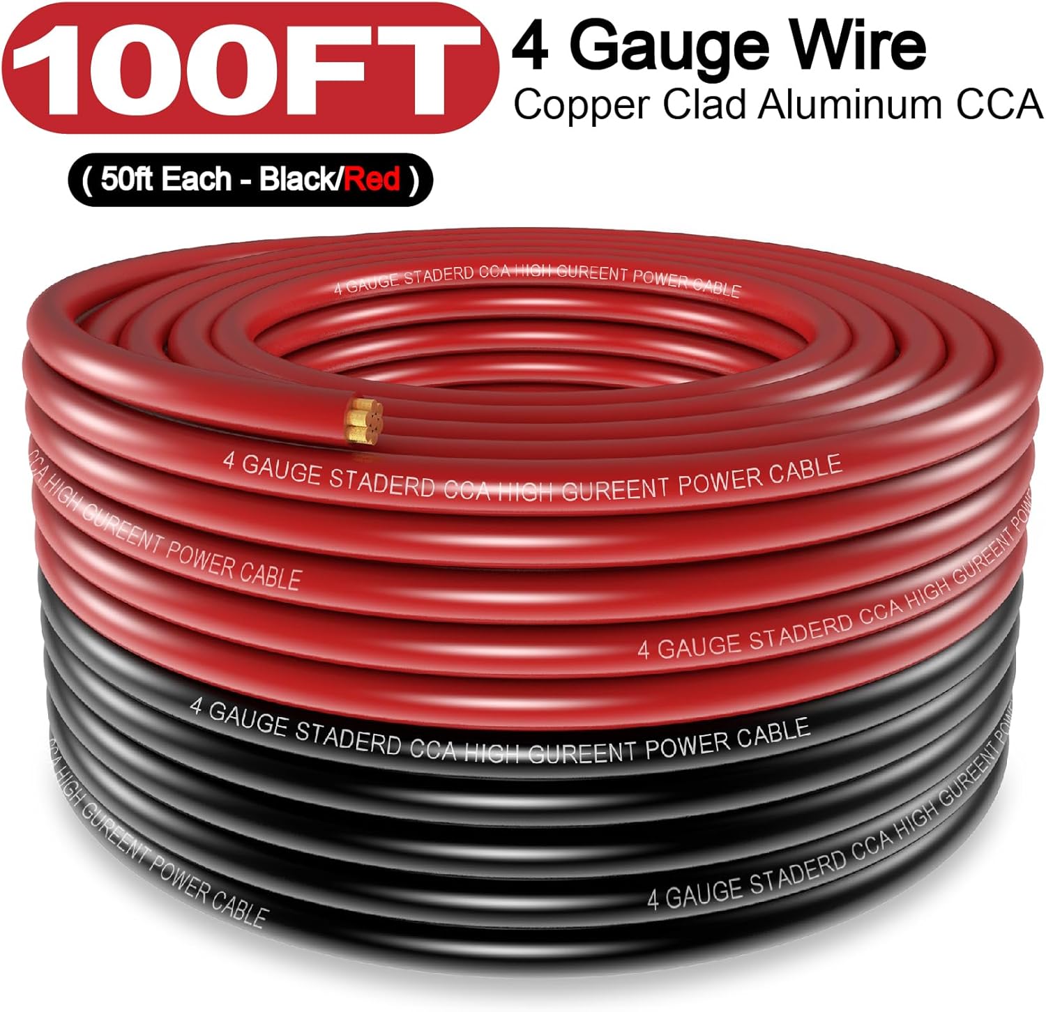 4 Gauge Wire (50FT Black+50FT Red) Copper Clad Aluminum CCA,20PCS Lugs Terminal Connectors,20PCS 3:1 Heat Shrink Tube and a 10 Inch Heavy Duty Cable Cutter