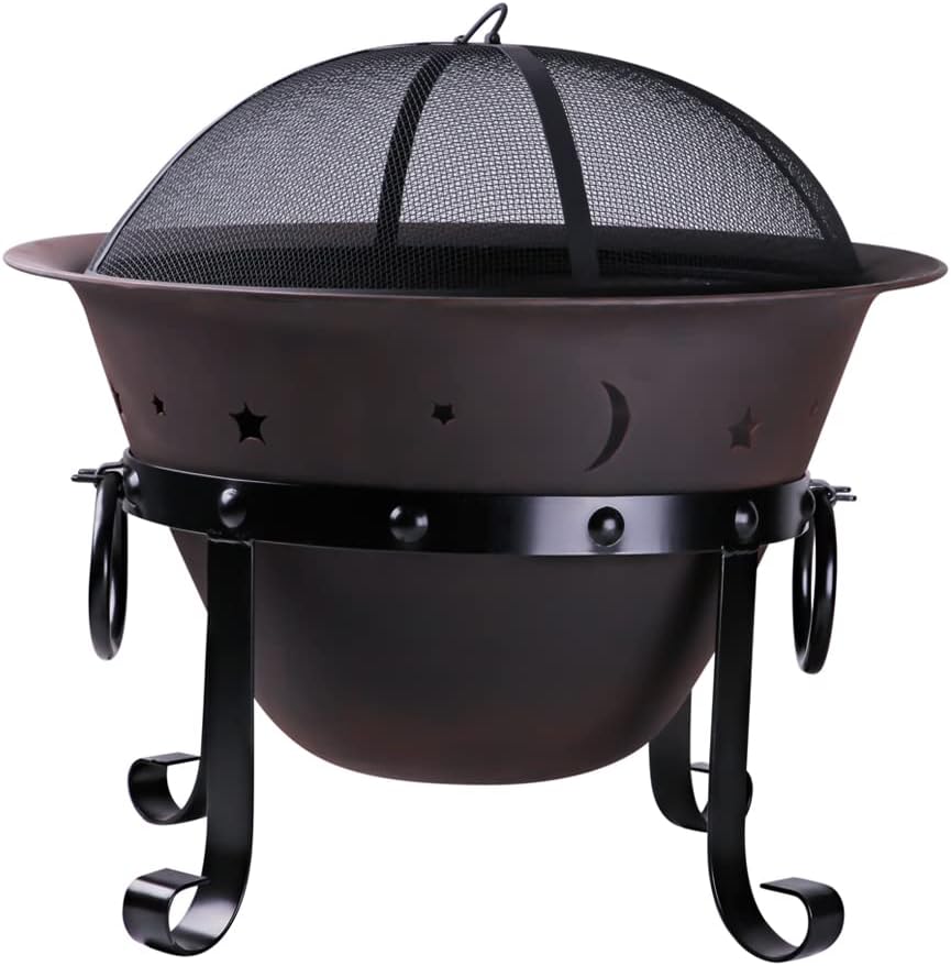 Cast Iron Fire Pits, Outdoor Round Wood Burning Fire Pit Bowl with Mesh Screen,Fireplace Poker,29 in Heavy Duty
