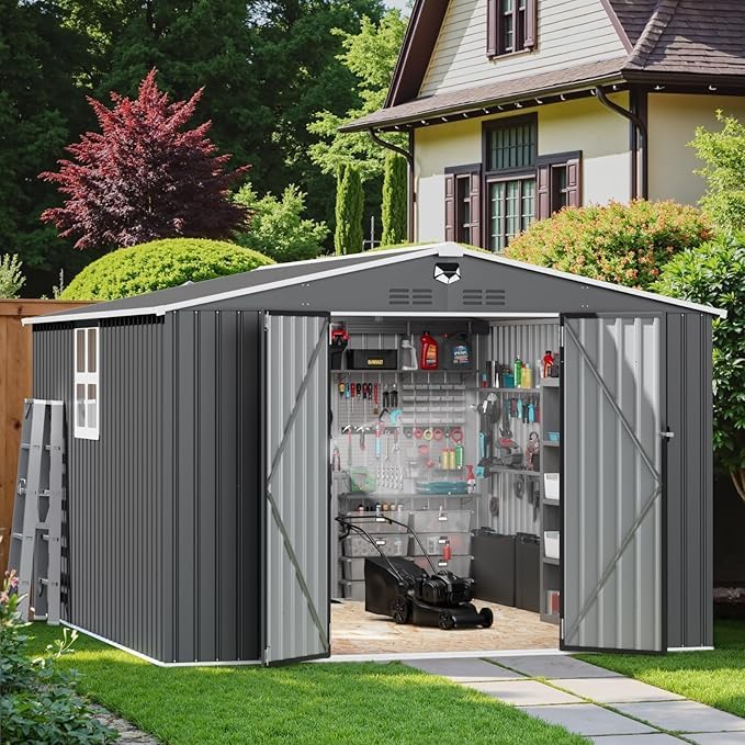 10x12 FT Metal Outdoor Storage Shed with 4 Windows, Large Garden Tool Shed with Lockable Door & Vents, All-Weather Steel Backyard Storage House for Lawn Equipment, Bikes & Tools, Black