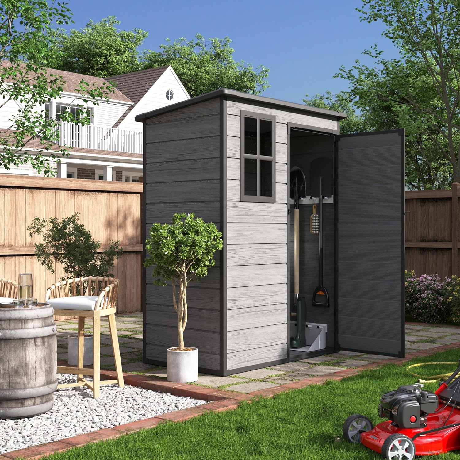 UDPATIO Outdoor Storage Shed 5x3 FT, Plastic Garden Shed for Bike, Garbage Can, Tool, Outside Sheds & Outdoor Resin Shed with Lockable Door for Backyard, Patio, Lawn, Dark Grey