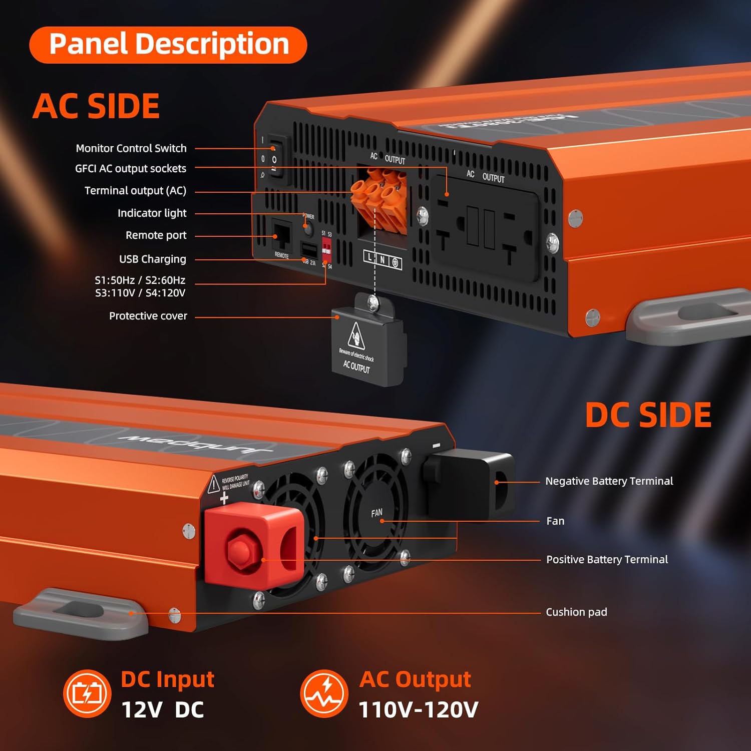 3080 Watt Pure Sine Wave Inverter with 2 Gauge Battery Cable for Off-Grid Solar Car RV Truck Boat with Wire Remote Monitor
