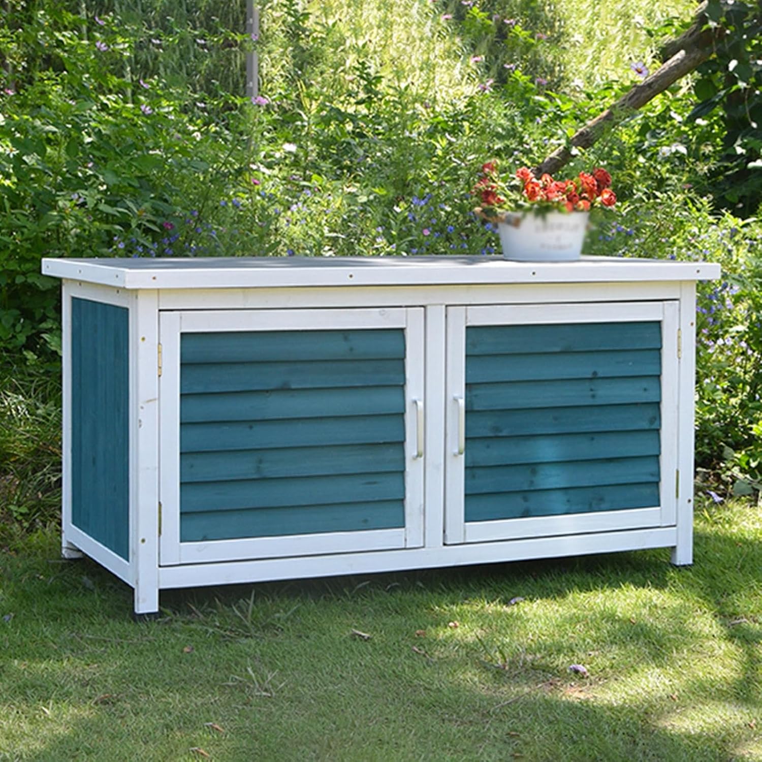 Double Door Outdoor Deck Boxes, Solid Wood+Metal Patio Storage Box, Garden Box with Plastic Foot for Balcony, Patio