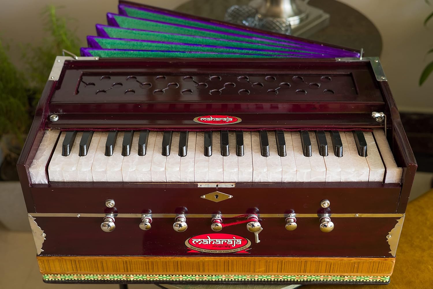 Harmonium #1, Maharaja Musicals, Handmade Harmonium, 3 1/4 Octave (Saptak), 7 Stop, Standing, Coupler, Multi Bellow, Padded Bag, Tuned A440, Dark Mahogany Color, PDI-DB