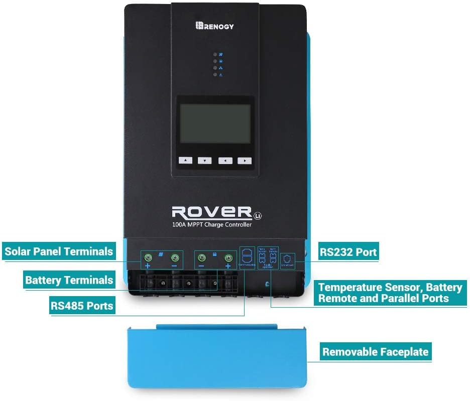 Rover 100A MPPT Solar Charge Controller - DC Input Solar Controller for RV/Marine, Auto-Detect 12V/24V/36V/48V, LCD Display Solar Regulator fit for Gel, Sealed, Flooded and Lithium Battery