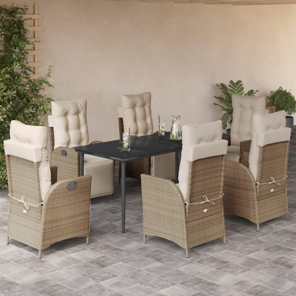 7 Piece Patio Dining Set with Cushions Beige Poly Rattan,AllWeather Patio Dining Set with Adjustable Rattan Lounger Chairs and Glass Tabletop Furniture Sets for Patio, Lawn & Garden