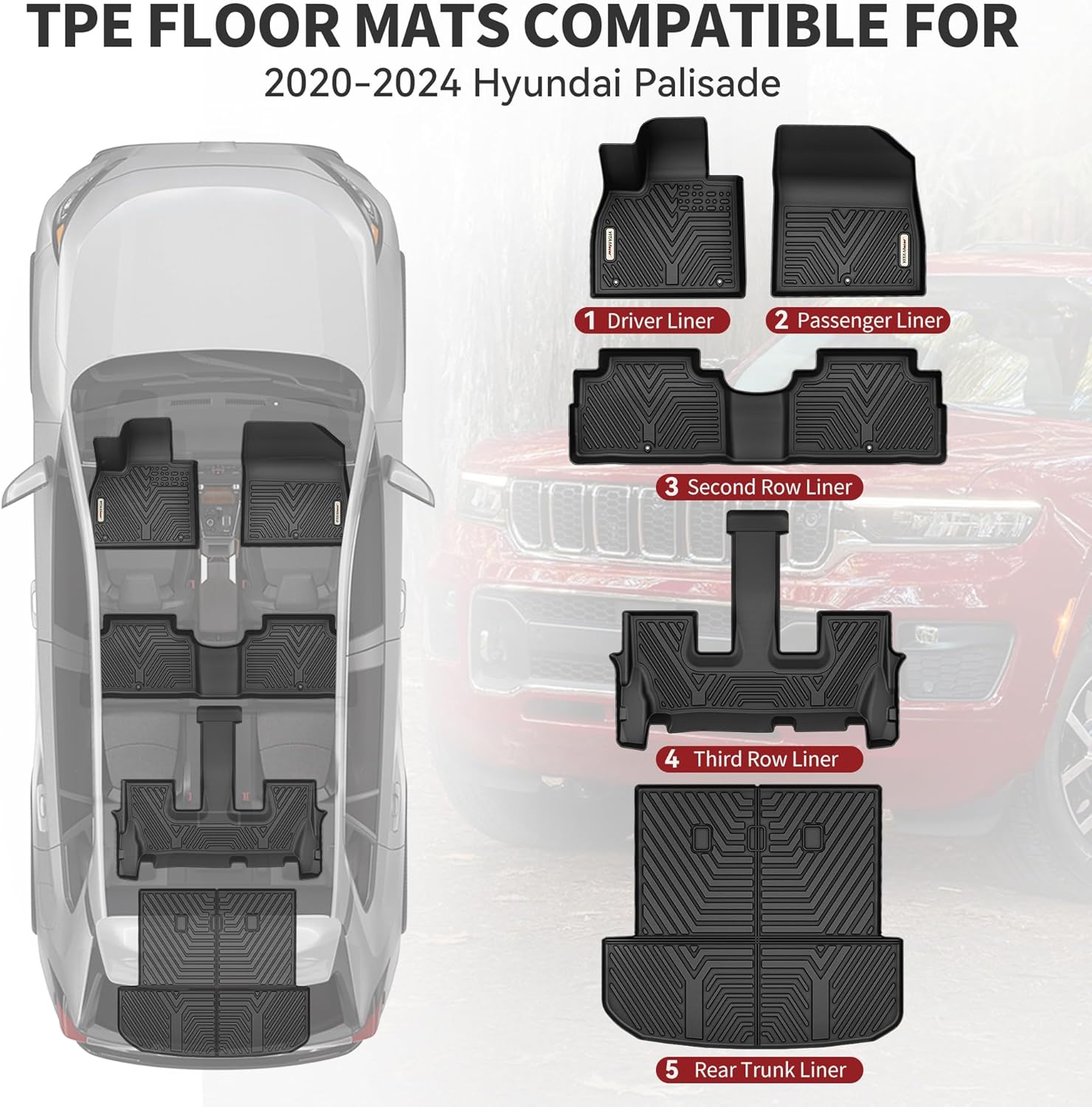YITAMOTOR Floor Mats Fit for 2020-2025 Hyundai Palisade Bucket Seats, TPE All Weather Rear Trunk Mat, Floor Liners fit for Palisade Accessories, 1st & 2nd & 3rd Row & Backrest Mat & Cargo Liner, Black