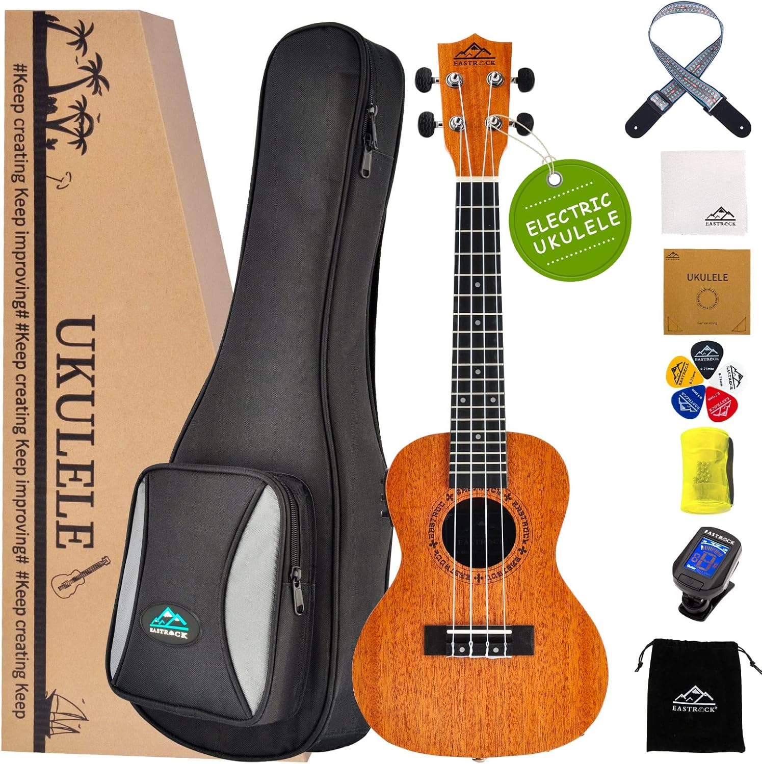 EASTROCK Concert Ukulele Mahogany Beginner Electric Built-in Digital Tuner Ukelele 23 inch Big PackageKit. Ukulele Ukalalee Suitable for adults, Beginners. (23-Mahogany-EQ)