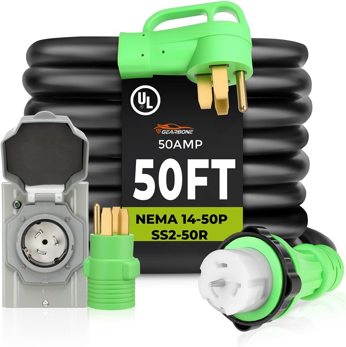50Amp Generator Cord & Power Inlet Box Kit – 50 Ft Heavy-Duty Twist Lock Extension Cord, NEMA 14-50P to SS2-50R, UL Listed, Waterproof Perfect for Home, RV, Outdoor, and Backup Generator Connection