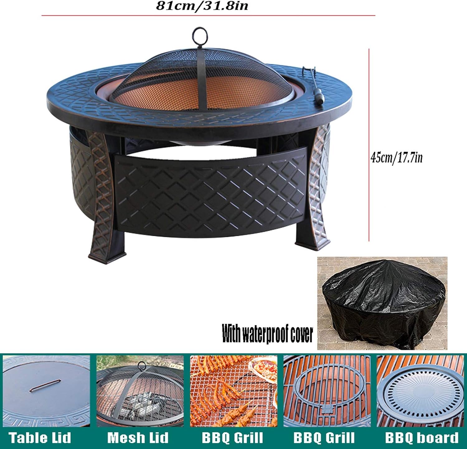 Fire Pits Outdoor 32-inch Bonfire Pit, Wood Burning Fire Pit, Grill with Mesh Spark Screen Cover, Log Fire Grate, Poker Set