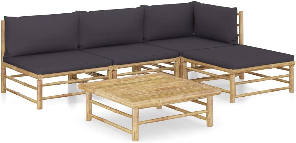 5 Piece Patio Lounge Set with Dark Gray Cushions Bamboo,Bamboo Lounge Set: Comfort and Style for Your Outdoor Retreat Furniture Sets for Patio, Lawn & Garden, Grey