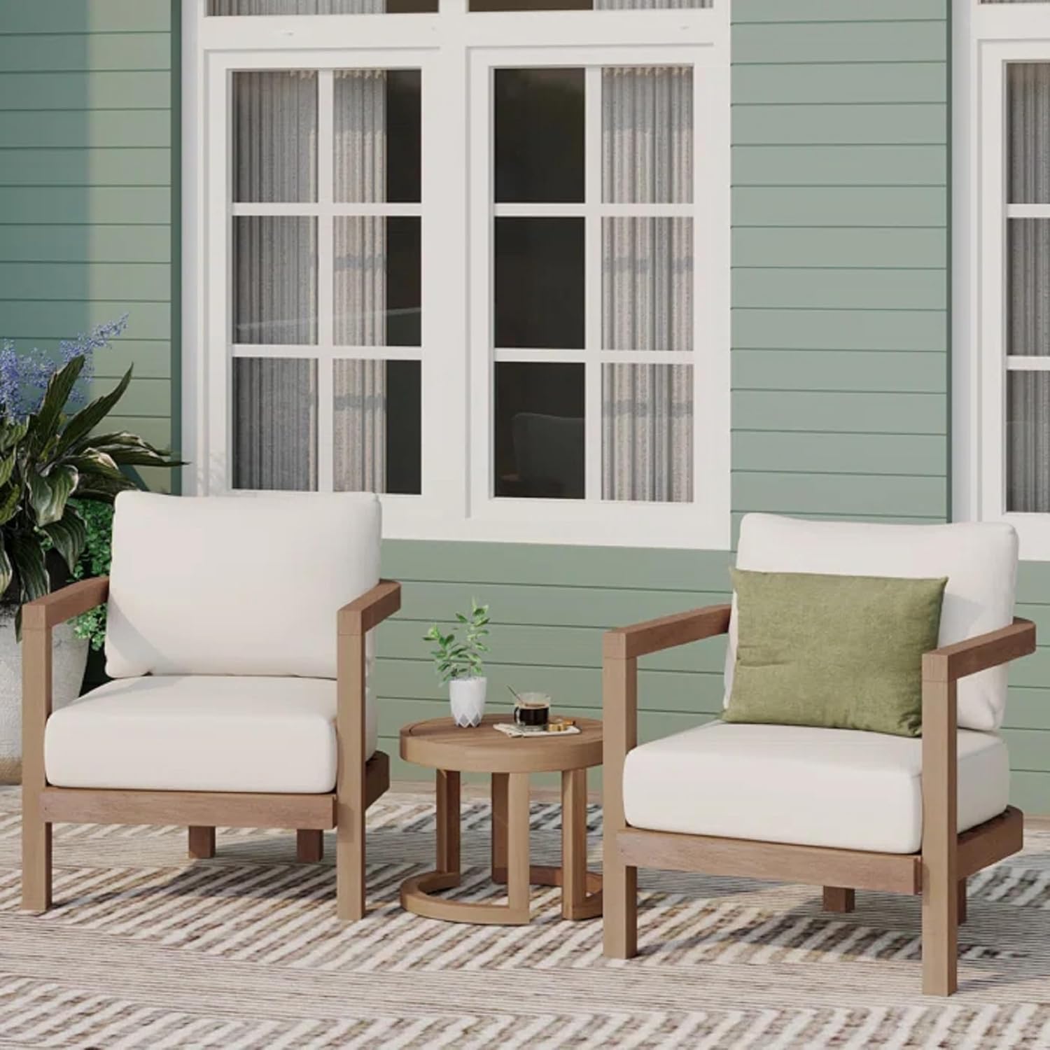 Patio Set 3 Pcs Wood Outdoor Furniture Conversation Seat with Table for Porch, Garden, Backyard, Balcony, Brown wash, Beige Cushion