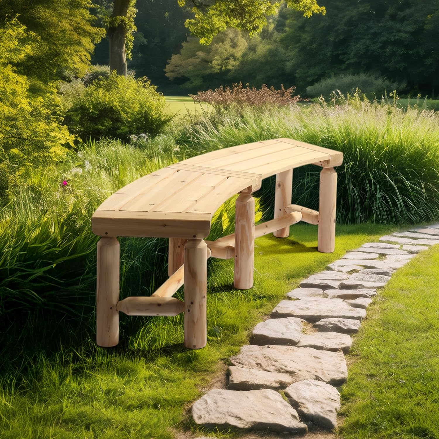 VINGLI Outdoor Bench Wooden Curved Bench, All-Weather Fire Pit Backless Patio Bench, 2-Person Seating Rustic Garden Bench for Backyard Porch Deck Entryway (Natural)