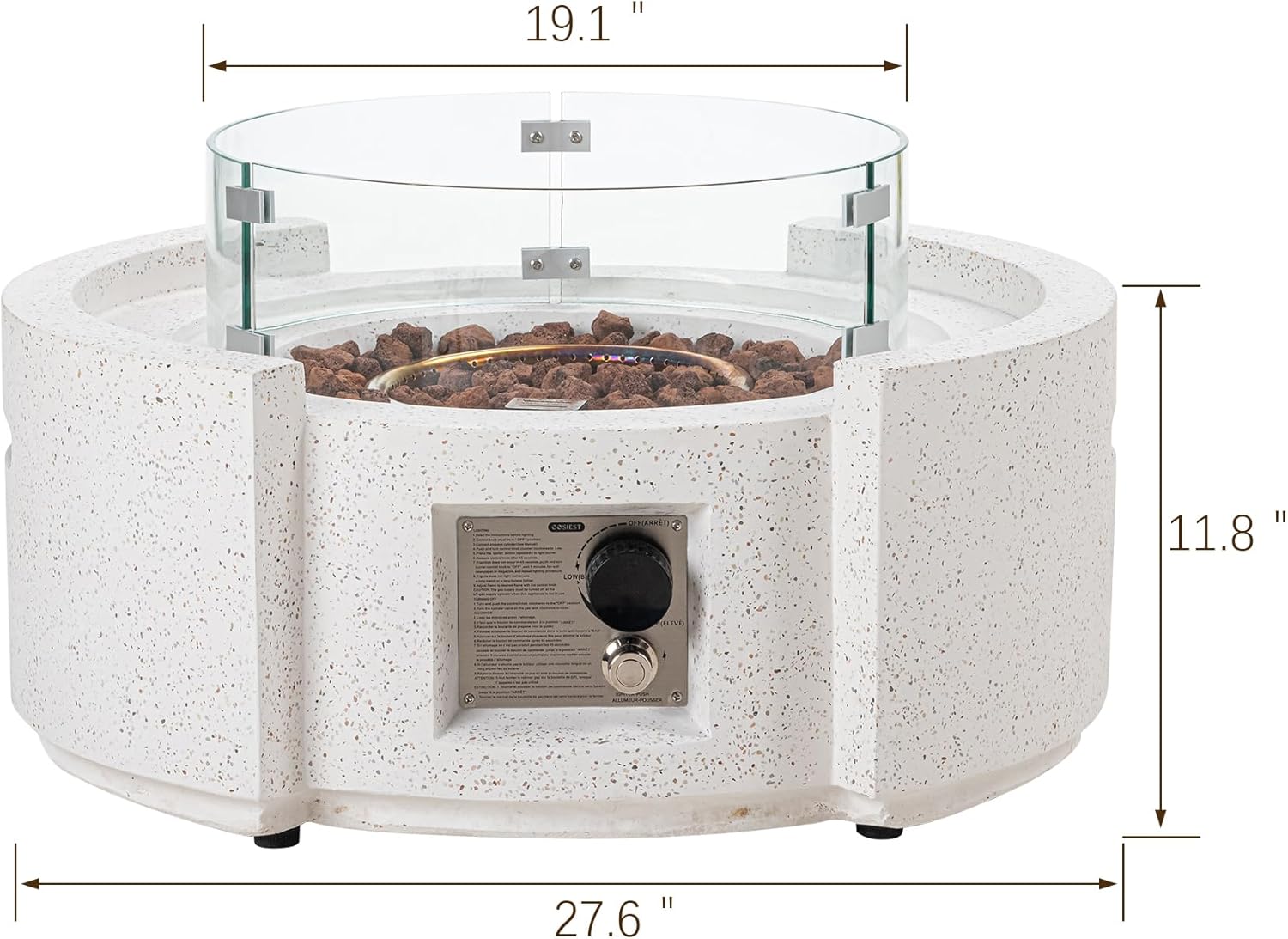 SUNBURY Outdoor Propane Fire Pit Table, 28 Inch Patio Gas Fire Table 50,000 BTU Modern Concrete Fire Pit for Outside in Spotted White w Glass Wind Guard, Lava Rocks