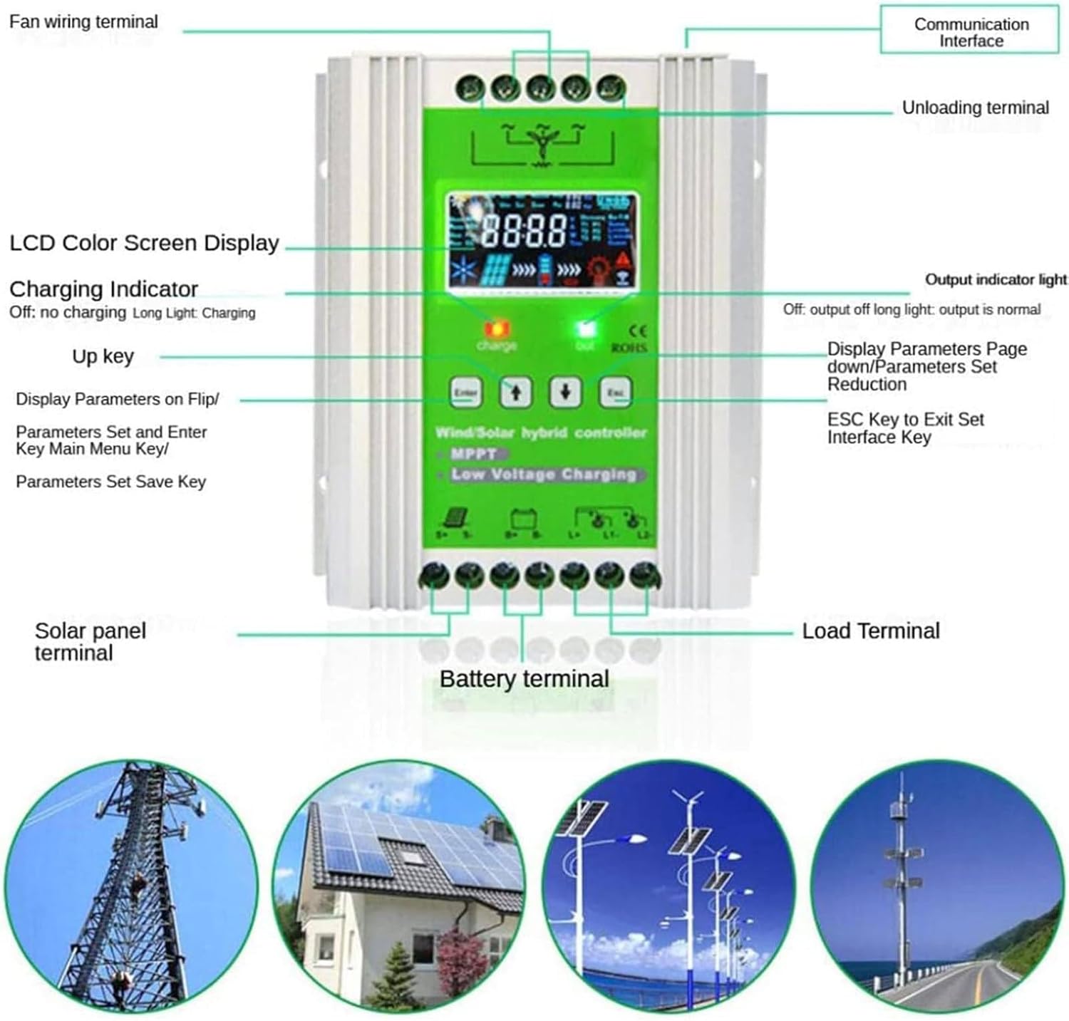 Mppt Solar Hybrid Charge Controller for Wind Turbine 12000W, Wind Solar Hybrid Charge Controller 12V/24V/48V Automatic Identification Voltage,24v