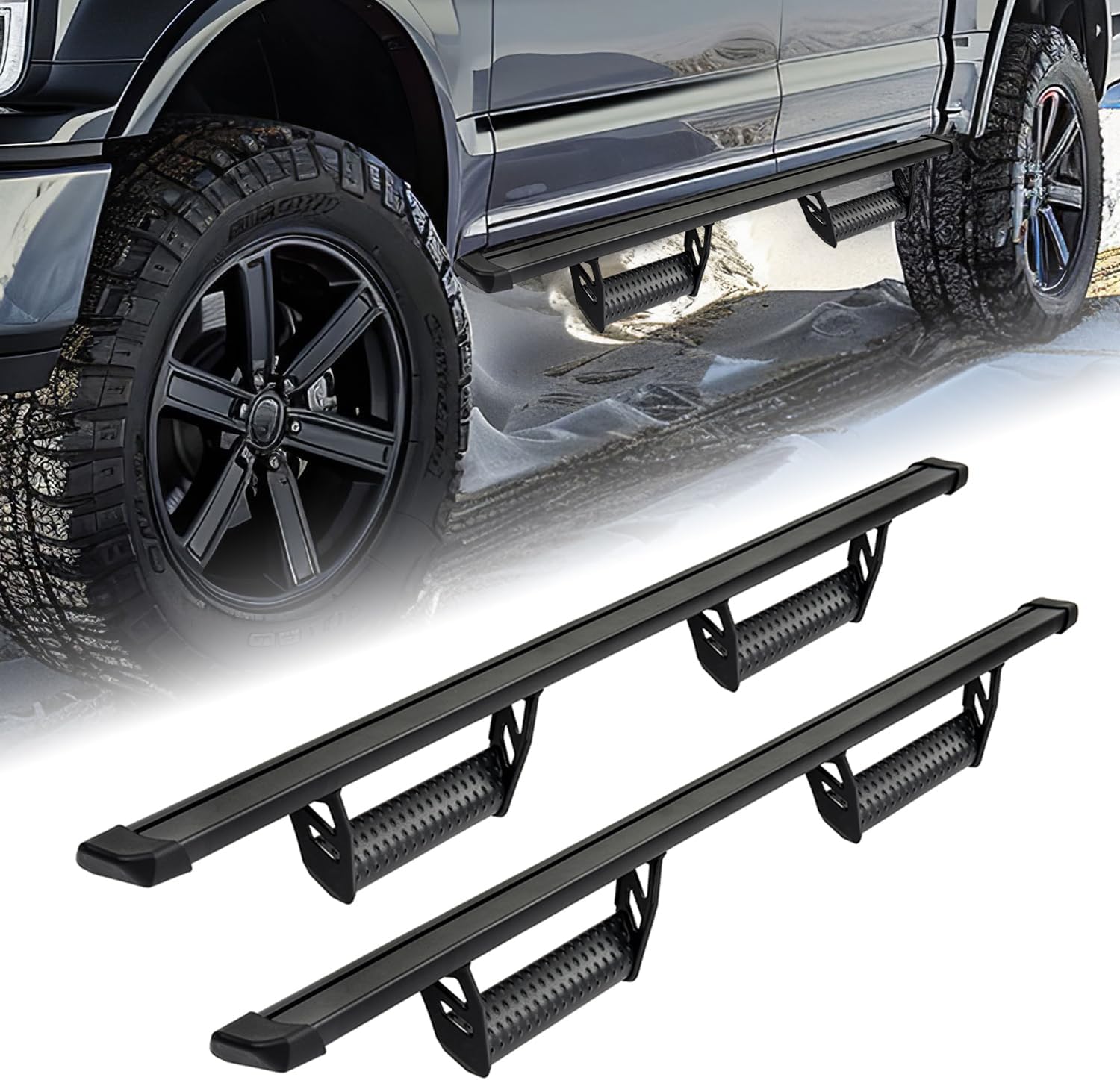 Aluminum Running Boards for 2015-2025 F150 2017-2025 F250 F350 Super Duty Supercrew Cab 600 Lbs Off Road Exterior Accessories Drop Down Hoop Style Black 2Pcs