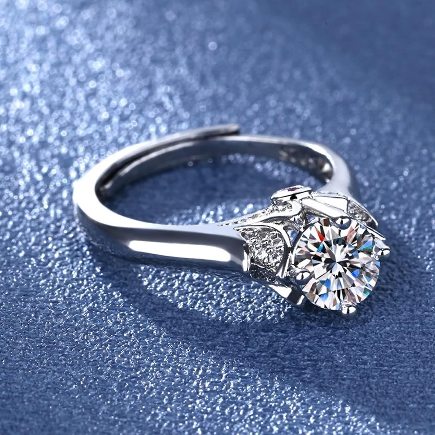 18 Karat White Gold Rings, Women's Engagement Ring Lab Diamond 4 Prongs Silver Band with Ruby for Fiancée