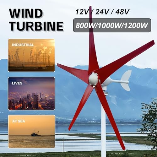 800W-1200W Wind Turbine Generator Kit - 12V/24V/48V MPPT Controller, Low Wind Speed (2.5m/s) Windmill, 5 Red Blades for Efficient Home Power Generation