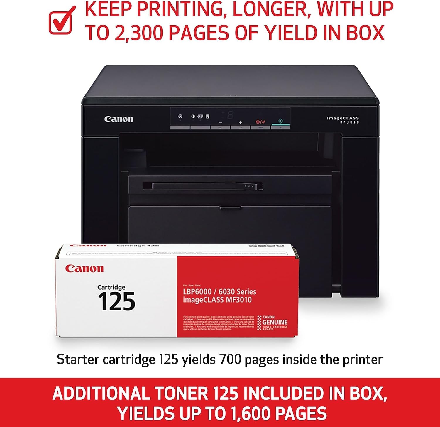 Canon imageCLASS MF3010 VP - Wired Monochrome Multifunction Laser Printer with Scanner, Copier, USB Cable Included, Up To 2,300 Page Toner Yield in Box, 19 PPM, Black