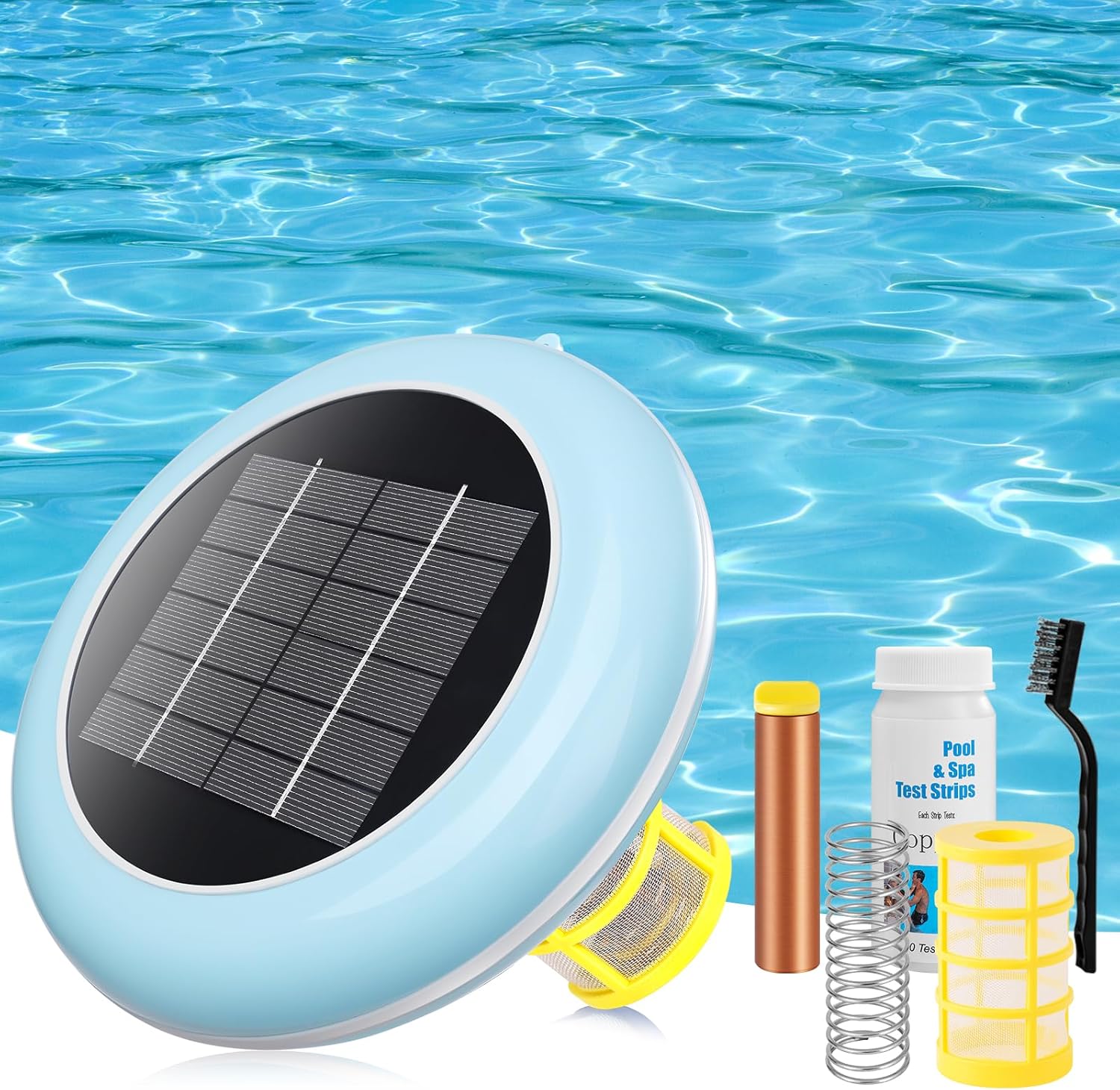 Pool Ionizer Solar Powered,Copper Ionization,Floating Automatic Water Cleaner and Purifier,Up to 65,000 Gal,85% Less Chlorine, Chlorine Free Water,Smart Replacement