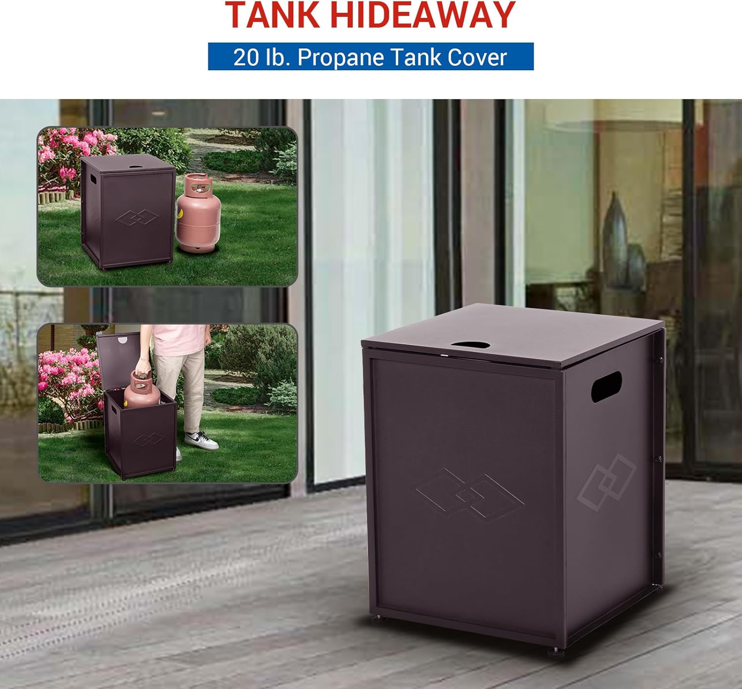 20 lbs Propane Tank Cover Table, Dual-Function Hideaway Side Table with Adjustable Wheels & Lockable Lid, Waterproof Steel Storage for Fire Pit, Patio, Deck, Gas Grill & Griddle