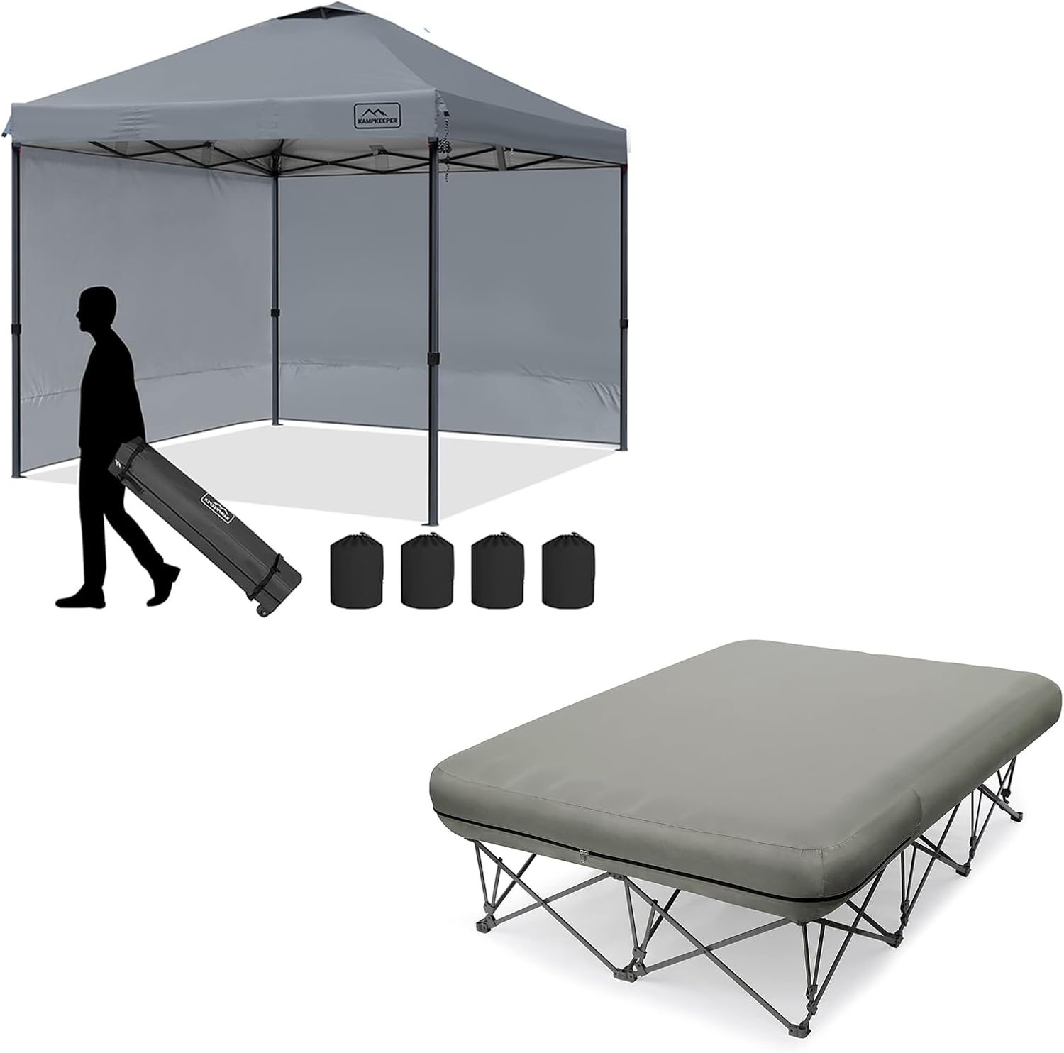 KAMPKEEPER 10x10 Pop Up Canopy Tent with 2 Sidewalls(Grey) and KAMPKEEPER Camping Cot for Adults(Grey), (not Included The Airpump),for Outdoor Travel Camp Beach Vacation