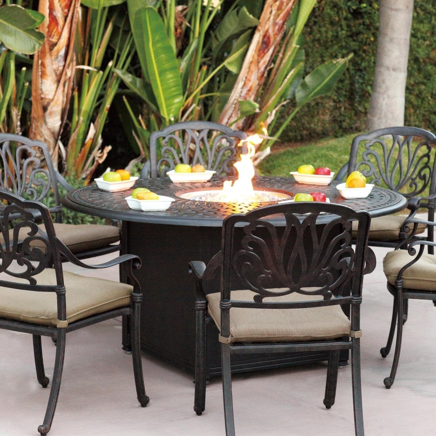Darlee Elisabeth 7 Piece Cast Aluminum Patio Fire Pit Dining Set