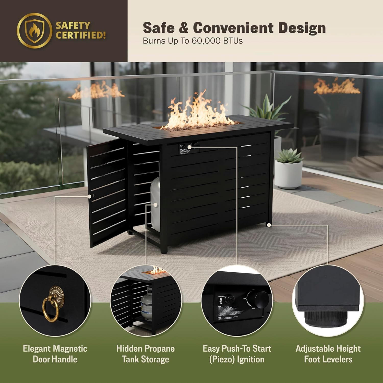 Kinger Home 42-Inch Ore Outdoor Propane Fire Pit Table 50000 BTU, Powder-Coated Stainless Steel Patio Firepit with Lava Rocks, Black