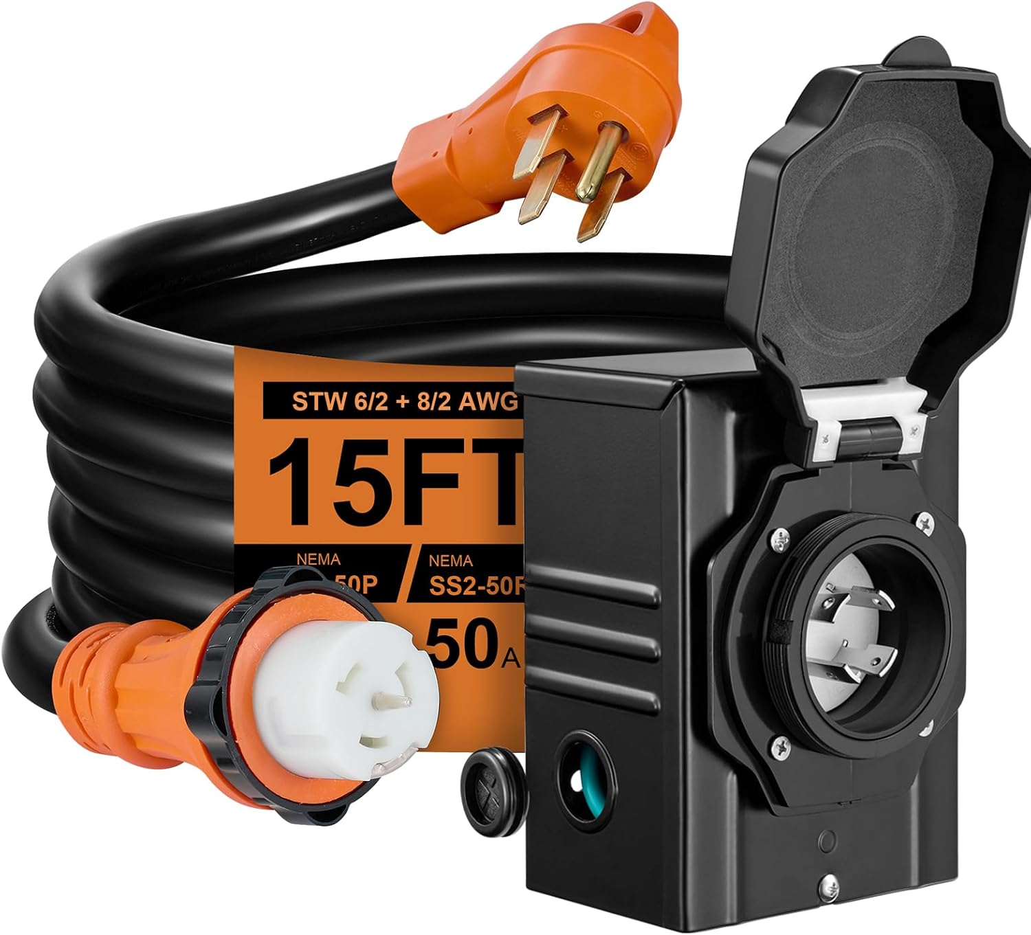 15FT 50 Amp Generator Cord with Pre-Drilled Power Inlet Box,Heavy Duty Generator Power Cord 4 Prong,125/250V,NEMA14-50P/SS2-50R,Waterproof,ETL Listed,Home/RV Power Supply