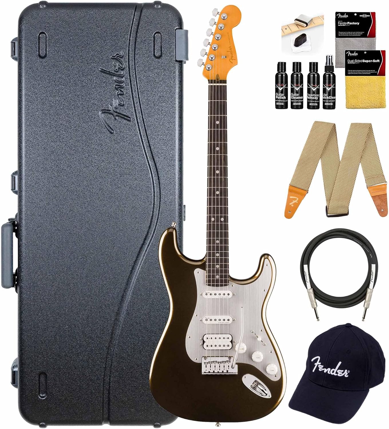 Fender American Ultra II Stratocaster HSS - Texas Tea Bundle with Case, Strap, Cable, Hat, and Guitar Cleaning Kit