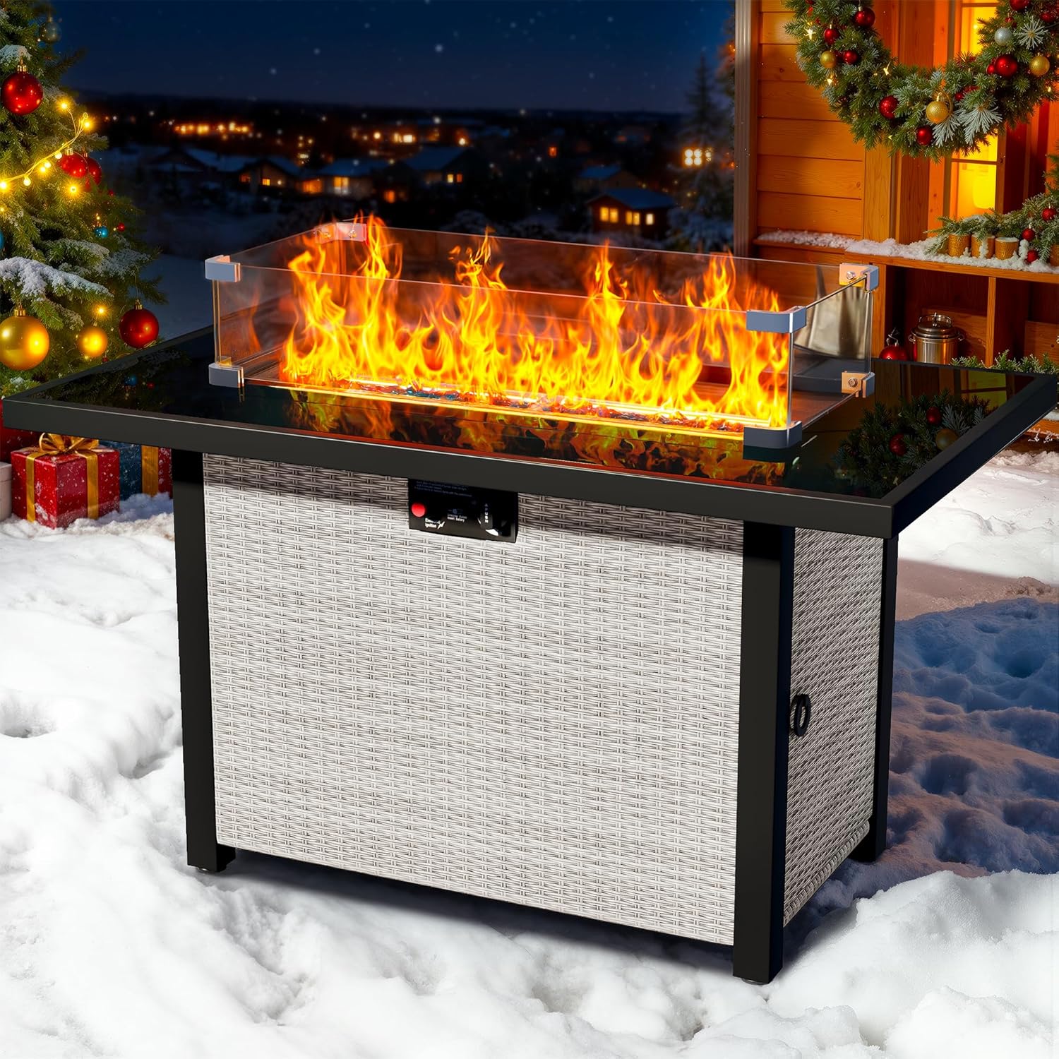 43-Inch Propane Fire Pit Table, Rattan Rectangular Outdoor Gas Fire Pit with Glass Wind Guard, Tempered Glass Tabletop & Lid, CSA Listed, 60,000 BTU, 304 Stainless Steel H-Burner, for Outside Patio