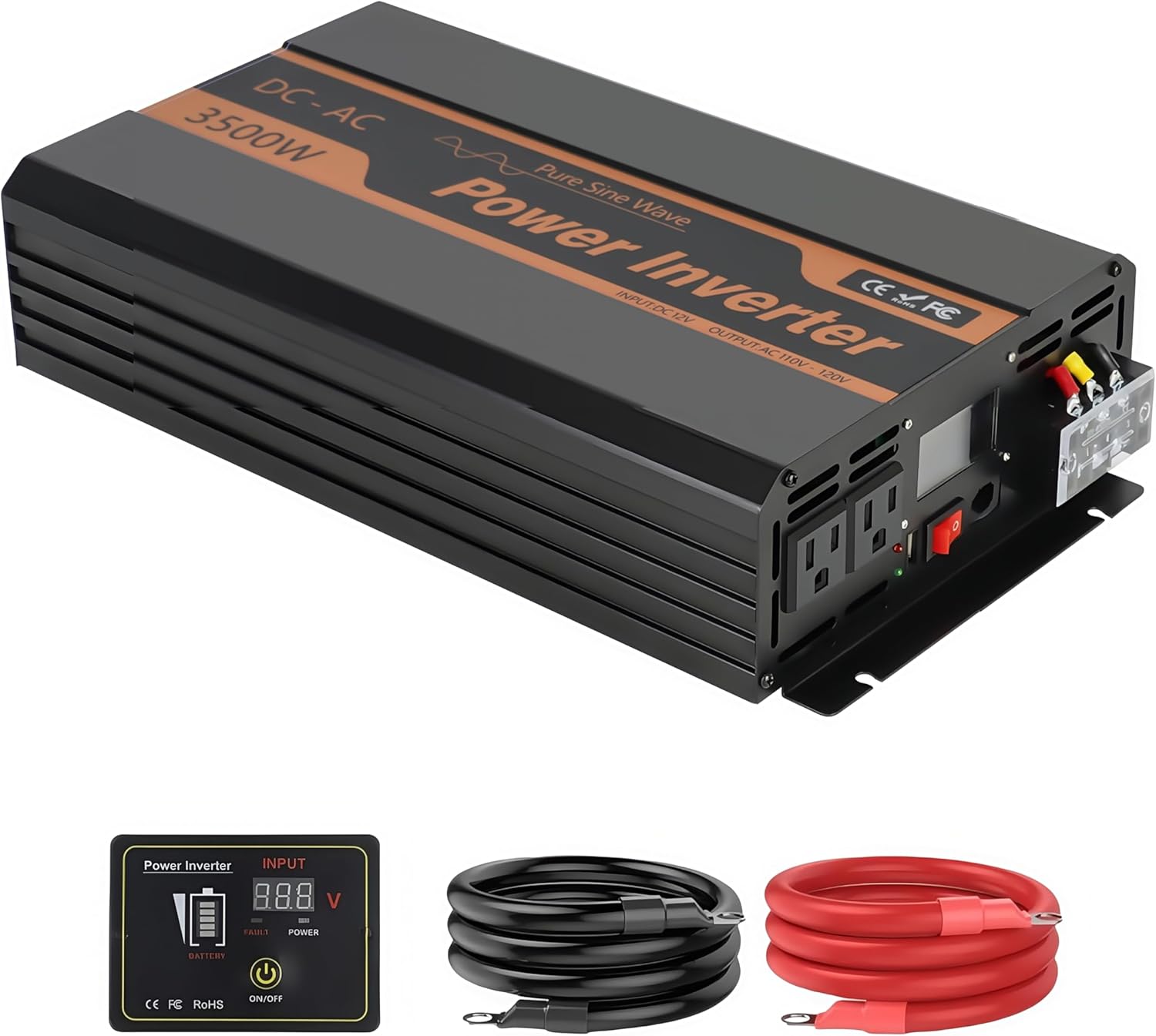 PowMr 3500W Pure Sine Wave Inverter 12V DC to 110V AC for Home, RV, Truck, Off-Grid, Solar Inverter with Dual AC, LCD, USB, Battery Cables for 12V Lead-Acid & Lithium Battery