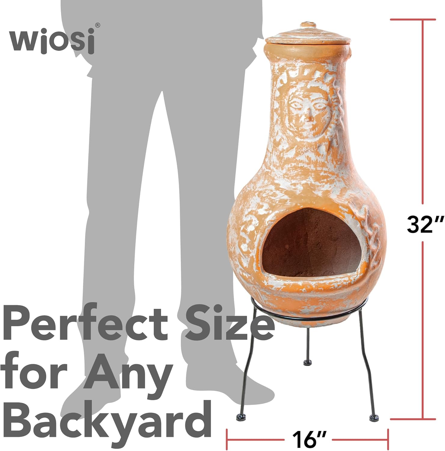 Wiosi Medium 𝗖𝗵𝗶𝗺𝗶𝗻𝗲𝗮 Outdoor Fireplace for Patio Clay Chimineas with Chimney Rain Lids and Solid Metal Stands - Yellow Terracotta Chimenea - Rustic Wooden Fire Pit Chimnea 16 x 16 x 32-inch