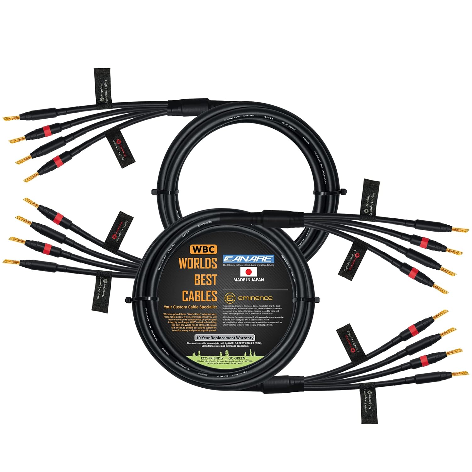 WORLDS BEST CABLES 6 Foot - Canare 4S11 – Audiophile Grade - HiFi Star-Quad Bi-Amp Speaker Cable Pair with Eminence Gold Banana Connectors