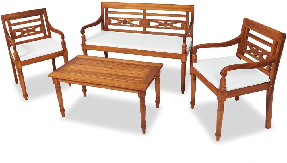 Patio Furniture Set 4 Piece Brown Solid Teak Wood, Outdoor Lounge Seating with Cushions, Durable for Balcony Garden