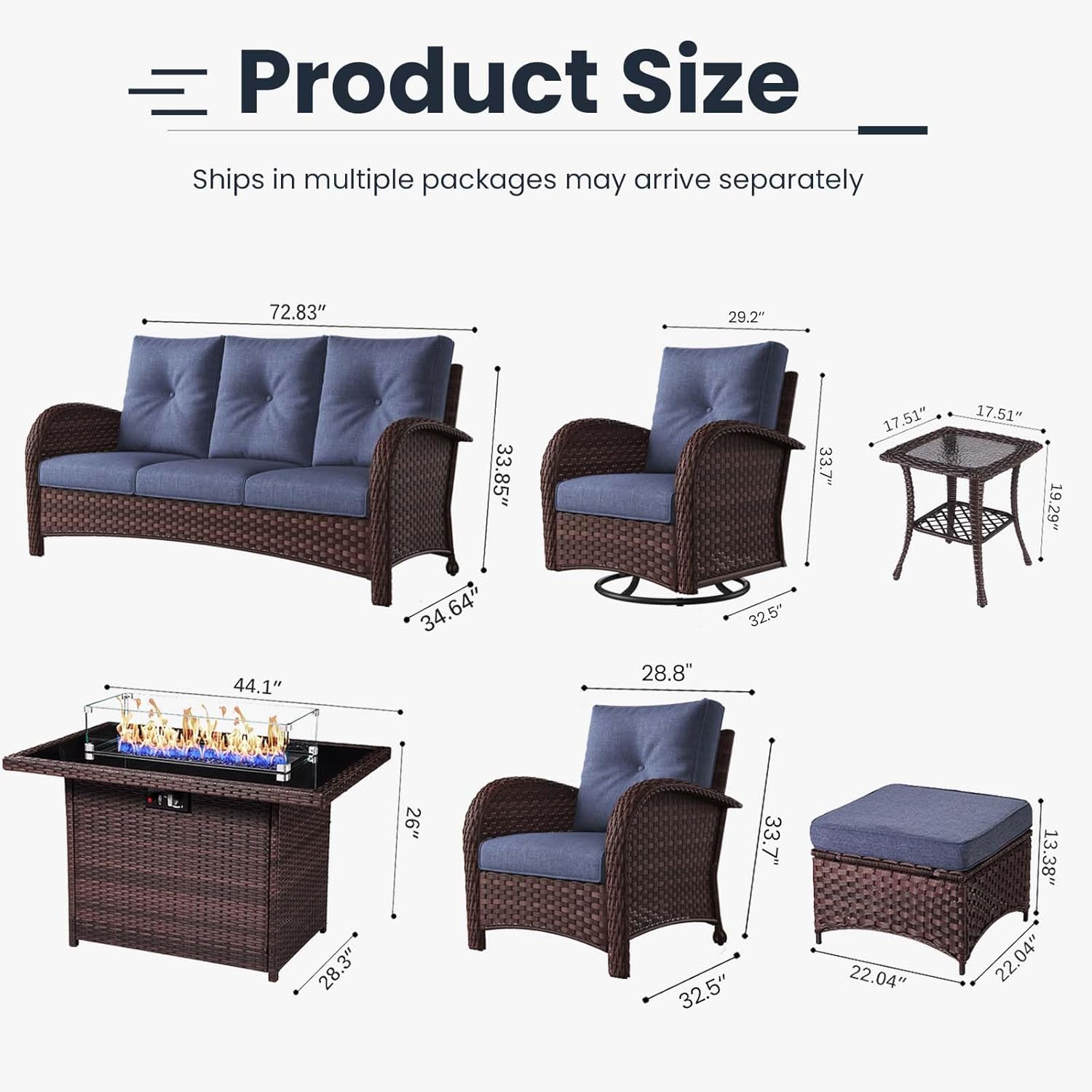 10 Pieces Patio Furniture Sets with Fire Pit Table, Wicker Rattan High Back Outdoor Swivel Rocking Chairs Set with 3-Seat Couch, Ottomans and Side Table