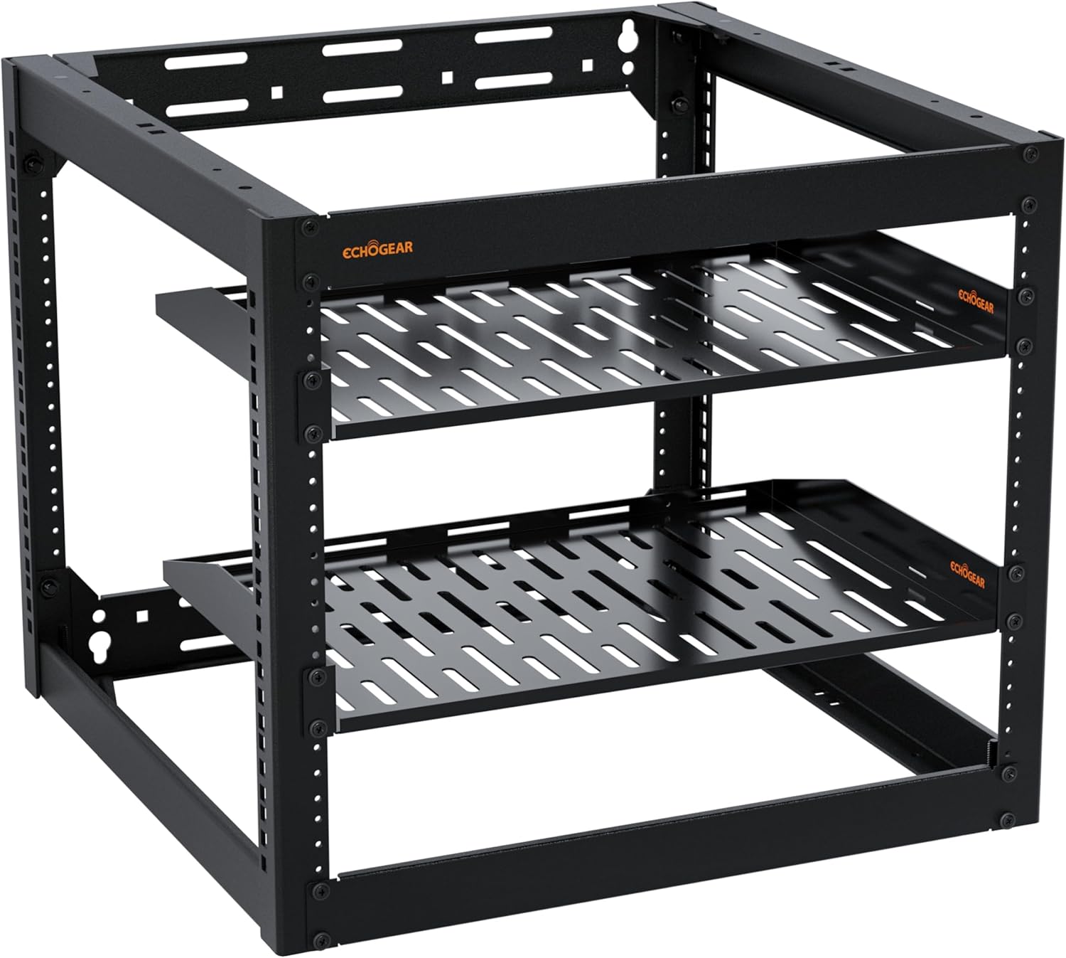 ECHOGEAR 10U Network Rack - Wall Mountable Heavy Duty 4 Post Design Holds All Your Networking & AV Gear - Open Frame Design Includes 2 1U Vented Shelves & Mounting Hardware