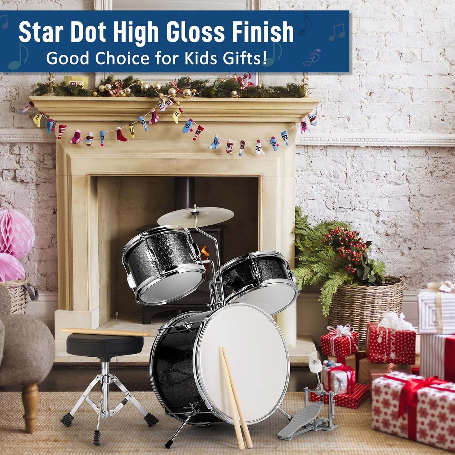 Ktaxon 3-Piece Drum Set, 14 Inch Beginners Drums Kit with Throne Stool, Pedal & 2 Pairs of Drumsticks, Junior Drums Set Musical Instruments W/Cymbal, Tom, and Snare Drum (Black)