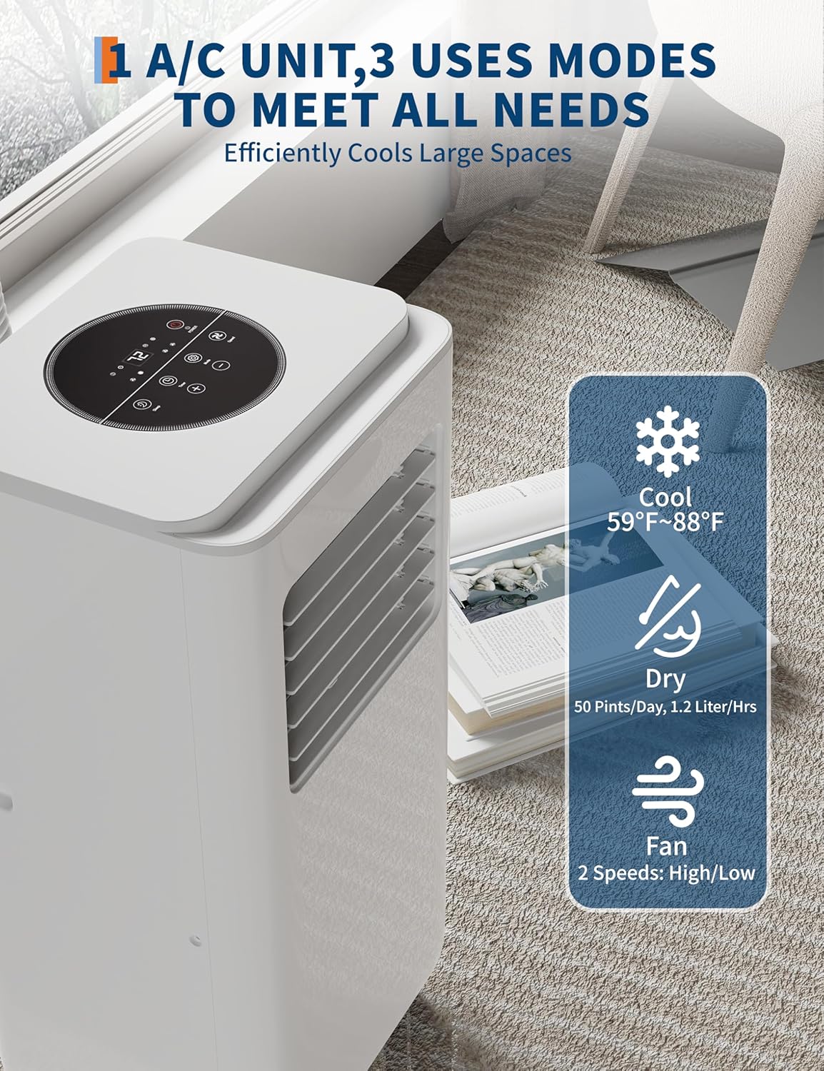 8,000 BTU Portable Air Conditioner, Remote Control Portable AC Unit for Room up to 350 sq.ft, with Cools/Fan/Dehumidifier, 24H Timer, Bedroom Office