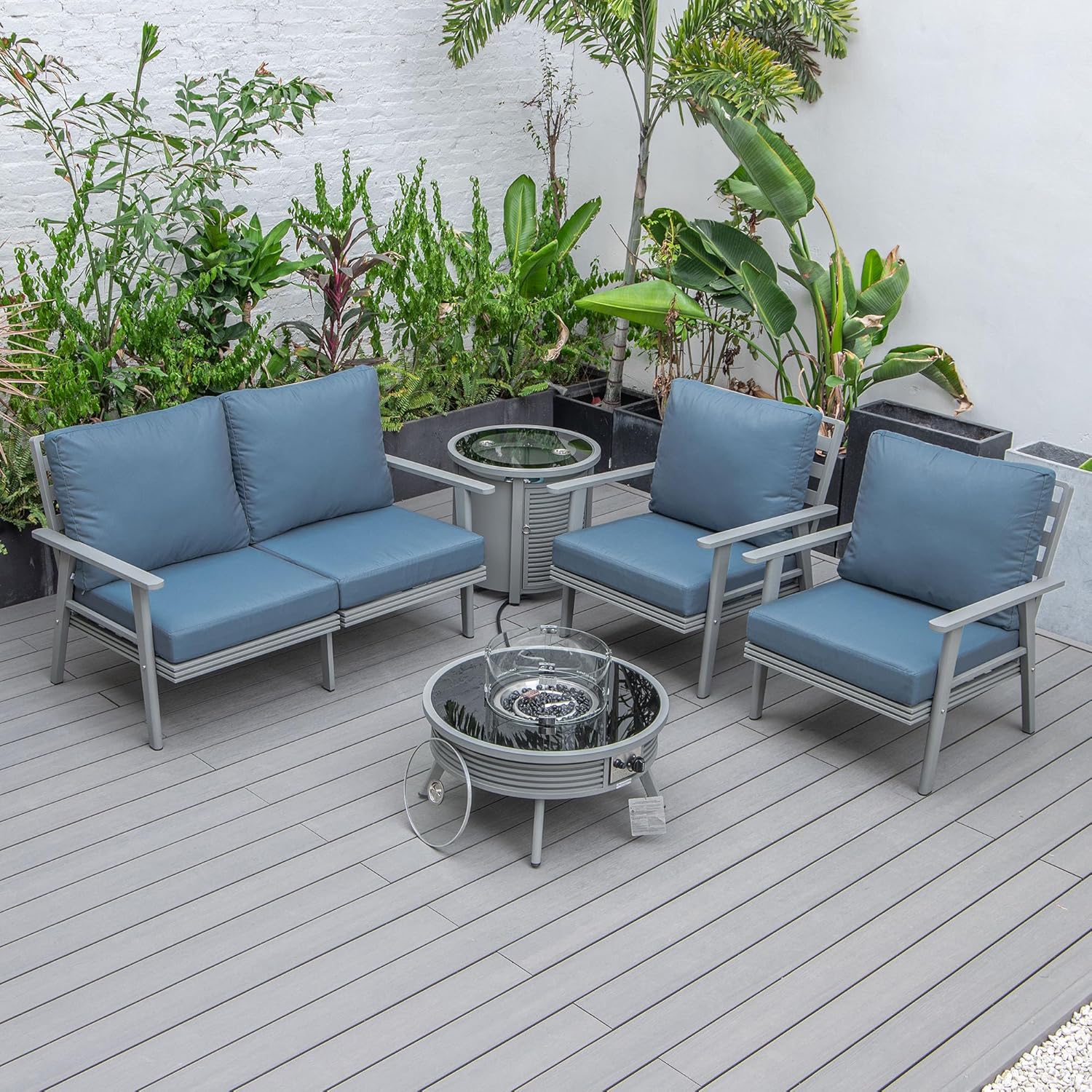 LeisureMod Walbrooke Modern Aluminum 5-Piece Patio Conversation Set with Outdoor Round Fire Pit Slats Design & Side Table Tank Holder, Navy Blue